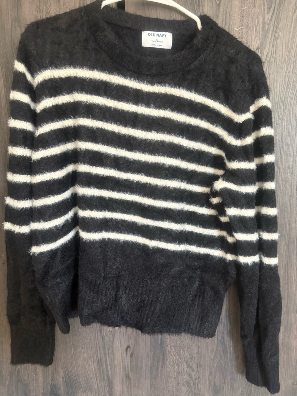 Old Navy Black and White Fuzzy Striped Crewneck Sweater